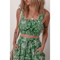 Green Floral Print Shirred Crop Top and High Waist Midi Skirt Set - XL thumbnail