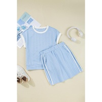 Beau Blue Contrast Trim Textured Crewneck Tee and Pocketed Skirt Set - L thumbnail