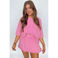 Sachet Pink Loose Fit Half Sleeve T Shirt and High Waist Skirt Set - S thumbnail