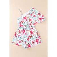 White Floral Single Bubble Sleeve Slant Shoulder Romper - L thumbnail
