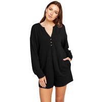 Black Brushed Ribbed Button Split V Neck Long Sleeve Romper - M thumbnail