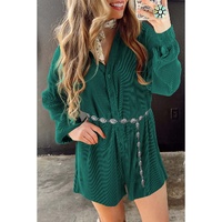 Sea Green Ribbed Long Sleeve Button Front Romper - L thumbnail