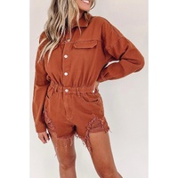 Gold Flame Long Sleeve Snap Buttons Distressed Denim Romper - L thumbnail