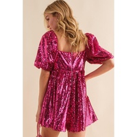 Rose Red Short Puff Sleeve Sequin Babydoll Romper - XL thumbnail
