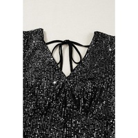 Black Sequin V Neck Flutter Sleeve Wide Leg Jumpsuit - M thumbnail