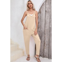 Apricot Side Pockets Harem Pants Sleeveless V Neck Jumpsuit - L thumbnail