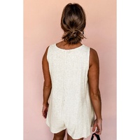 Beige Sleeveless V Neck Buttoned Front Chest Pocket Romper - L thumbnail