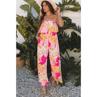 Multicolour Floral Print Ruffled High Waist Tube Top Loose Jumpsuit - S thumbnail