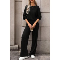 Black Solid Ribbed Knit Keyhole Back High Waist Jumpsuit - S thumbnail