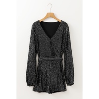 Black Sequined V Neck Wrapped Long Sleeve Romper - S thumbnail