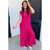 Bright Pink Terry Textured Sleeveless Button Front Wide Leg Jumpsuit - L thumbnail