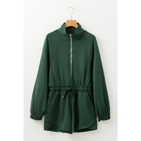 Blackish Green Collared Half Zip French Terry Knit Drawstring Casual Romper - S thumbnail