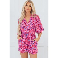 Pink Abstract Print Puff Sleeve V Neck High Waist Romper - L thumbnail