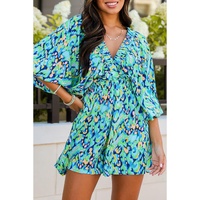 Green Abstract Print Puff Sleeve V Neck High Waist Romper - L thumbnail