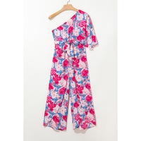 Pink Floral Print Asymmetrical Neckline Single Shoulder Drape Sleeve Belted Jumpsuit - L thumbnail