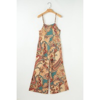 Red Paisley Printed Spaghetti Straps Elegant Wide Leg Jumpsuit - L thumbnail