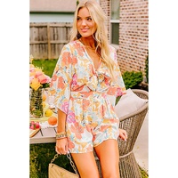 Orange Blooming Floral Print Front Tie Romper - L thumbnail