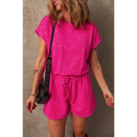 Rose Red Mineral Wash Drawstring Waist Hollow Out Back Short Sleeve Romper - L thumbnail