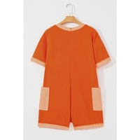 Russet Orange Two-tone Short Sleeve V Neck Patched Pocket Loose Romper - L thumbnail