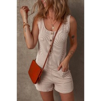 Parchment Corded Knit Side Pockets Buttoned Sleeveless Romper - L thumbnail