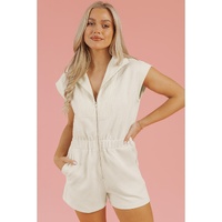 Jet Stream Textured Zipped Front V Neck Collared Casual Romper - L thumbnail