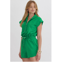 Bright Green Textured Short Sleeve Half Zip Drawstring Waist Romper - XL thumbnail