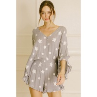 Gray Star Print Crinkle Textured Kimono Ruffle Sleeve Romper - M thumbnail