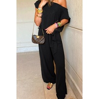 Black Checkered Mesh One Shoulder Short Sleeve Knotted Waist Jumpsuit - M thumbnail