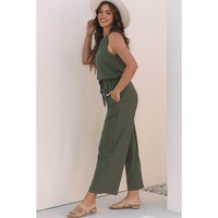 Vineyard Green Buttoned Drawstring Waist Sleeveless Wide Leg Jumpsuit - L thumbnail