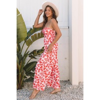 Pink Floral Print Twisted Bandeau Keyhole Pleated Wide Leg Jumpsuit - L thumbnail