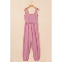 Light Pink Lace-up Elastic Waist Sleeveless Square Neck Jumpsuit - L thumbnail