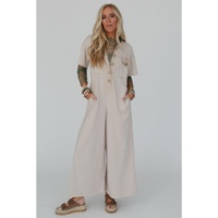 Beige Half Placket Chest Pockets Short Sleeve Wide Leg Jumpsuit - L thumbnail