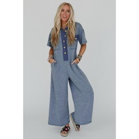 Beau Blue Half Placket Chest Pockets Short Sleeve Wide Leg Jumpsuit - L thumbnail