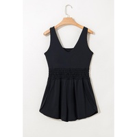 Black Plain Sleeveless Loop Drawstring Cinched Waist Romper - M thumbnail