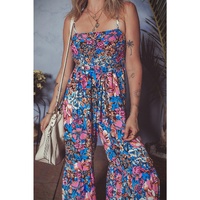 Pink Floral Smocked Bust Spaghetti Straps Wide Leg Jumpsuit - L thumbnail