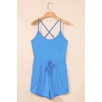 Blue Crossed Spaghetti Straps Drawstring Waist Sporty Romper - XL thumbnail