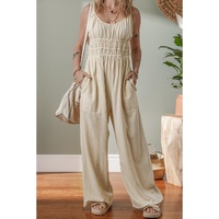 Beige Ruched High Waist Sleeveless Wide Leg Jumpsuit - M thumbnail
