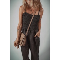 Black Spaghetti Straps Shirred Bodice Pocketed Wide Leg Jumpsuit - S thumbnail