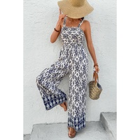 Blue Boho Geometric Print Shirred High Waist Wide Leg Jumpsuit - S thumbnail
