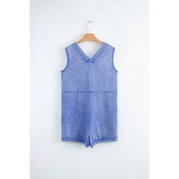 Sky Blue Mineral Wash Pocketed Sleeveless V Neck Loose Romper - L thumbnail