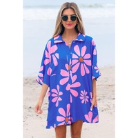 Blue Summer Flower Print Shirt Collar Button Front Loose Romper - M thumbnail