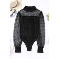 Black Sheer Dotty Long Sleeve Ribbed Velvet Bodysuit - M thumbnail