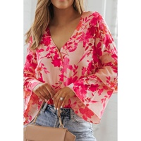 Pink Floral Print Tiered Bell Long Sleeve Buttoned Bodysuit - L thumbnail