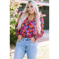 Floral Print Wrap V Neck Long Sleeve Bodysuit - L thumbnail