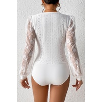 White Frenchy Contrast Lace Bishop Sleeve Bodysuit - L thumbnail