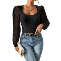 Black Frenchy Contrast Lace Bishop Sleeve Bodysuit - L thumbnail