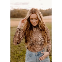 Brown Leopard Smocked Neck Mesh Long Sleeve Bodysuit - L thumbnail
