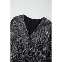 Black Sequin Mesh Long Sleeve Surplice Neck Bodysuit - L thumbnail