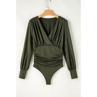 Moss Green Ruched Wrap V Neck Long Sleeve Bodysuit - L thumbnail
