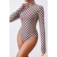 Brown Checkered Printed Long Sleeve High Neck Bodysuit - L thumbnail